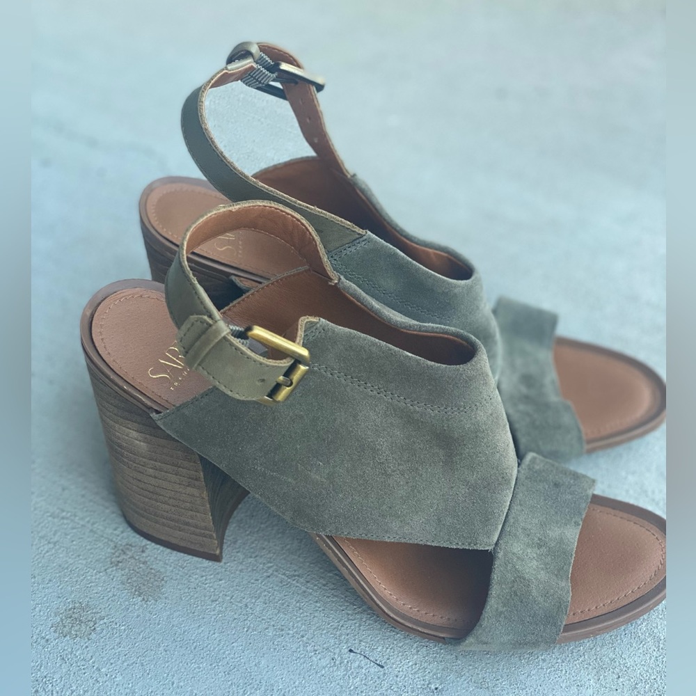 Sarto block heel suede dark green heels open toe